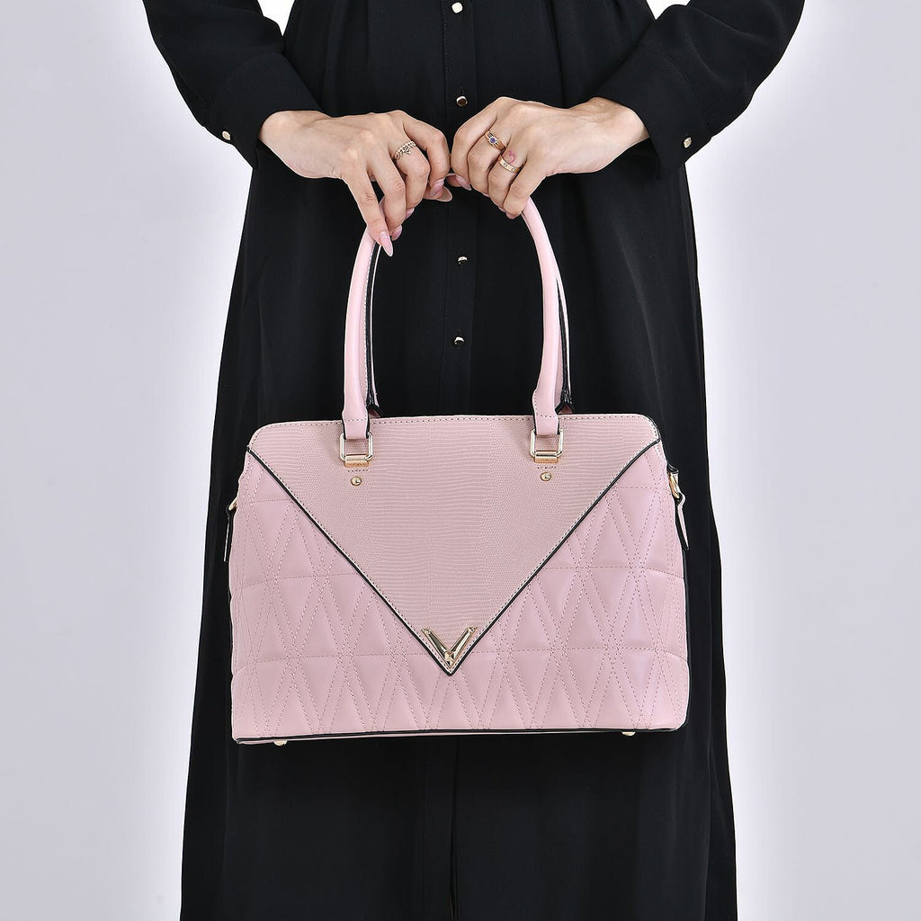 Quilted Triangle Pattern Leatherette Crossbody Bag With Detachable Shoulder Strap - Handle Drop - Pink
