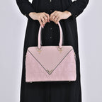 Quilted Triangle Pattern Leatherette Crossbody Bag With Detachable Shoulder Strap - Handle Drop - Pink