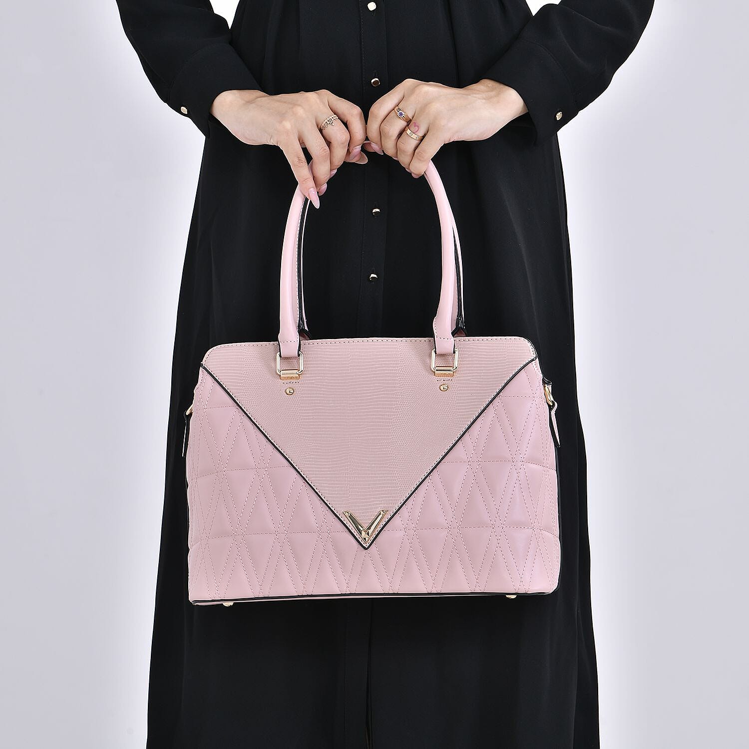Quilted Triangle Pattern Leatherette Crossbody Bag With Detachable Shoulder Strap - Handle Drop - Pink