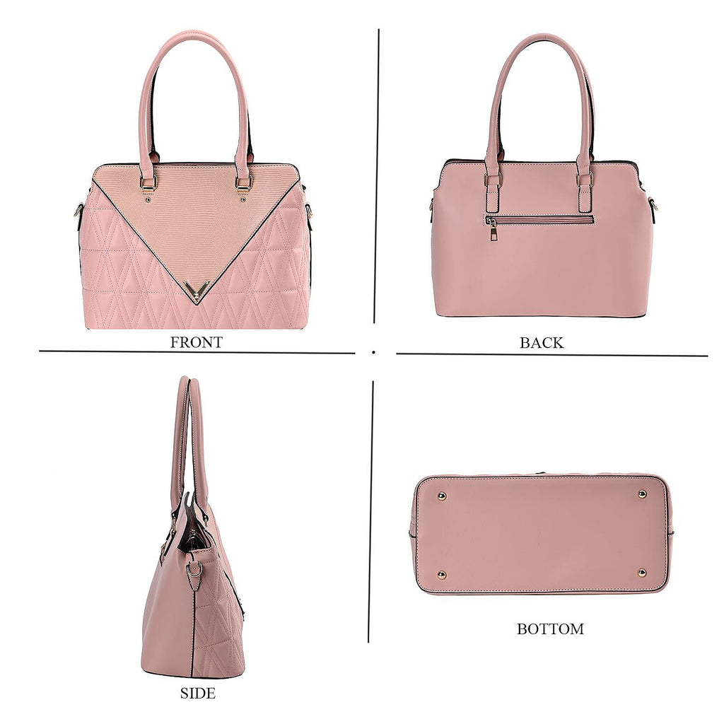 Quilted Triangle Pattern Leatherette Crossbody Bag With Detachable Shoulder Strap - Handle Drop - Pink
