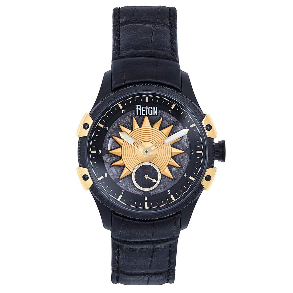 REIGN SOLSTIC Automatic Movt. 5 ATM WR Watch with Black Genuine Leather Strap