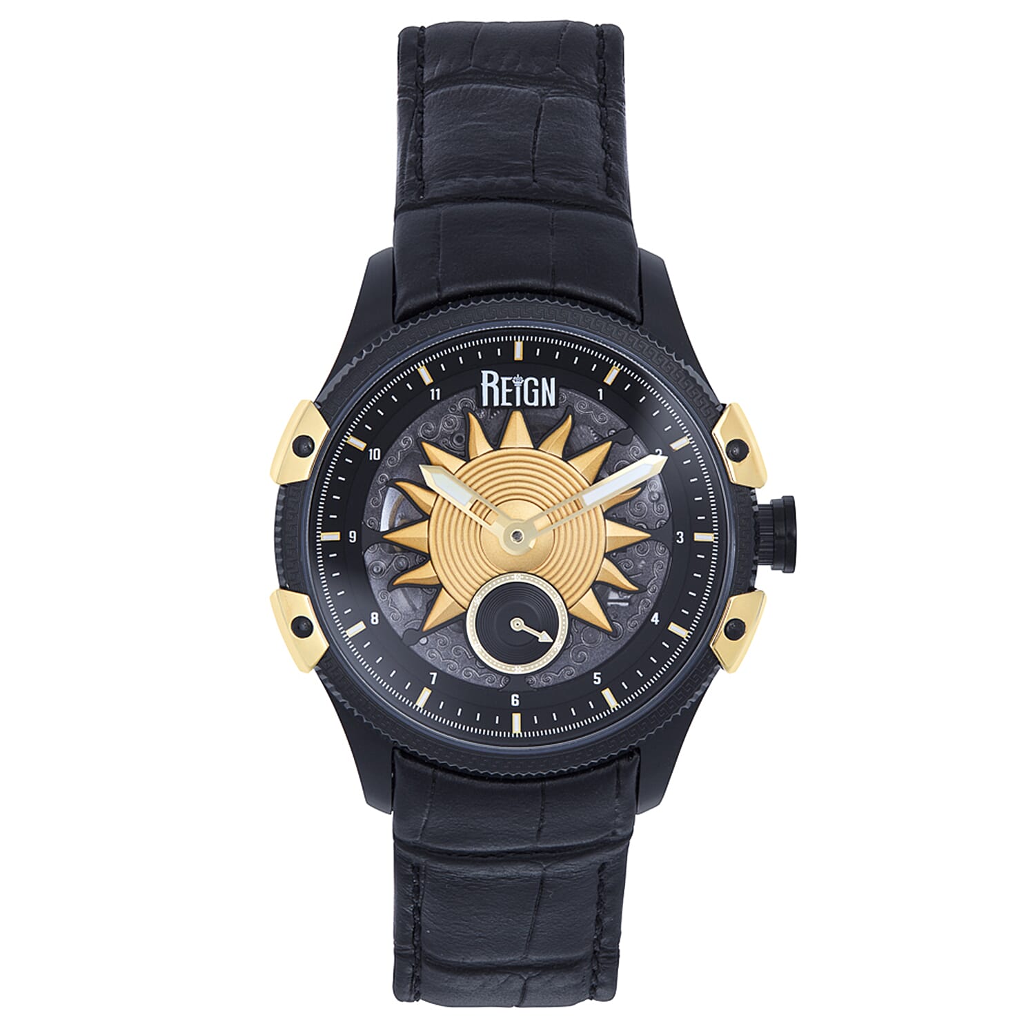 REIGN SOLSTIC Automatic Movt. 5 ATM WR Watch with Black Genuine Leather Strap