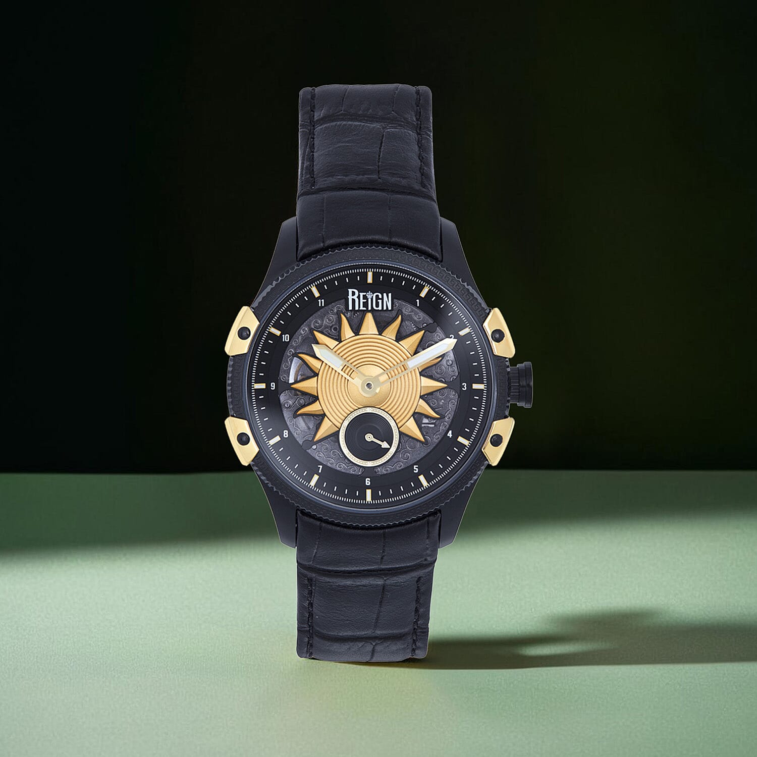 REIGN SOLSTIC Automatic Movt. 5 ATM WR Watch with Black Genuine Leather Strap