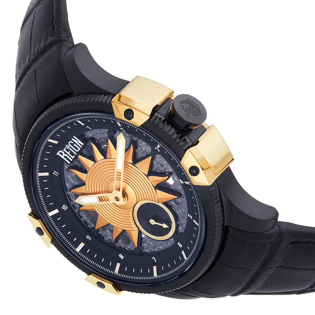 REIGN SOLSTIC Automatic Movt. 5 ATM WR Watch with Black Genuine Leather Strap