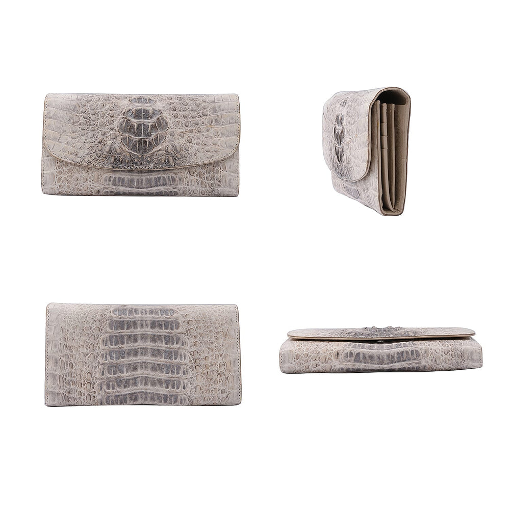 RIVER 100% Genuine Crocodile Leather Wallet with Magnetic Lock(19x10x3Cm) - Natural Creamy White