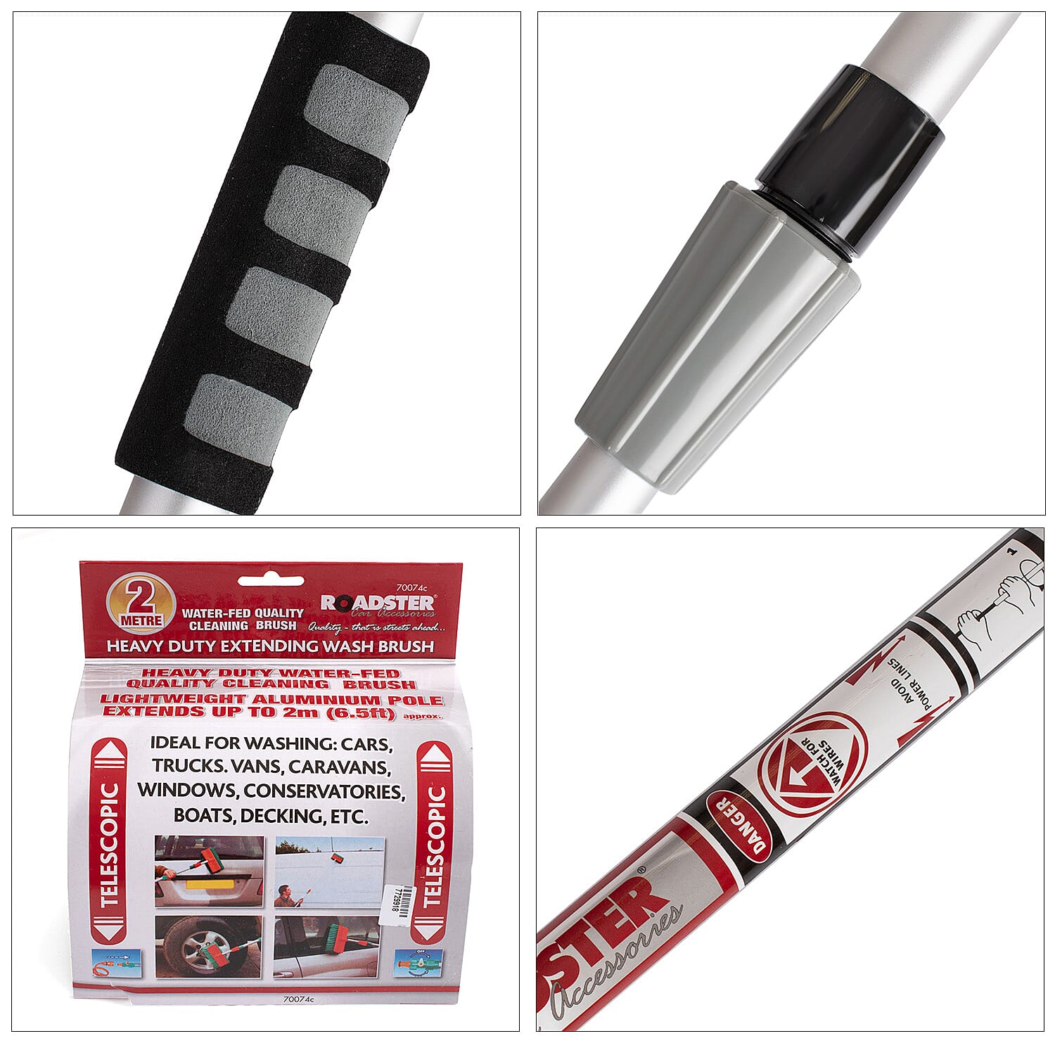 2m Extendable Telescopic Water Fed Soft Wash Brush - Grey - Cars, Vans, Conservatory, Windows, Caravans