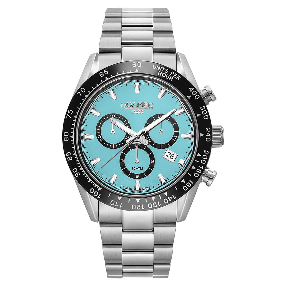 ROAMER Monza Swiss Ronda 5030 Chrono Movt. 10ATM WR Blue Dial Mens Watch with Silver Colour Stainless Steel Strap