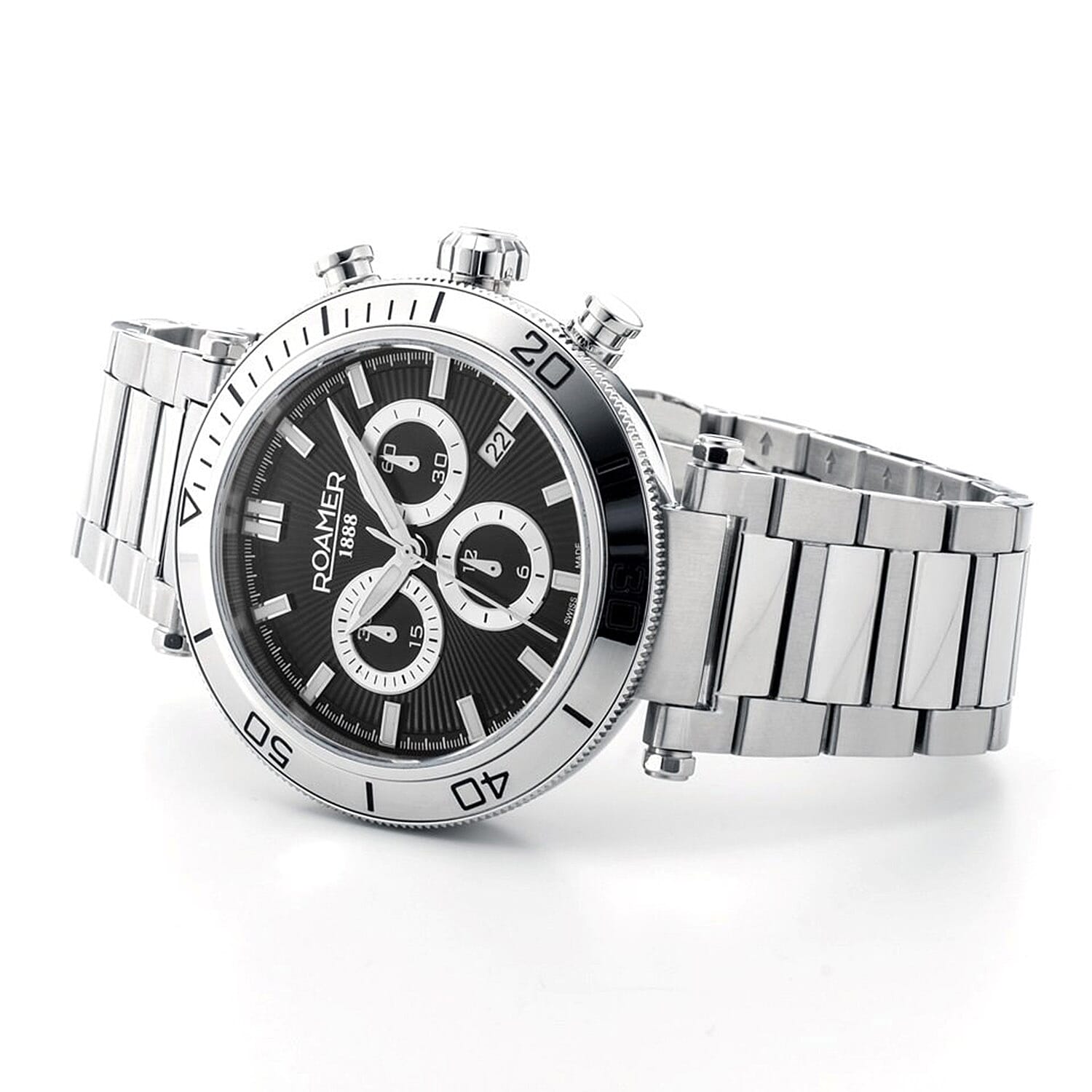 ROAMER Toscana Swiss Ronda-5030.D-A1C4 Movt. 5ATM WR Black Dial Mens Watch with Silver Colour Stainless Steel Strap