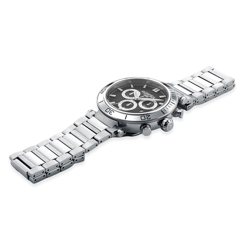 ROAMER Toscana Swiss Ronda-5030.D-A1C4 Movt. 5ATM WR Black Dial Mens Watch with Silver Colour Stainless Steel Strap