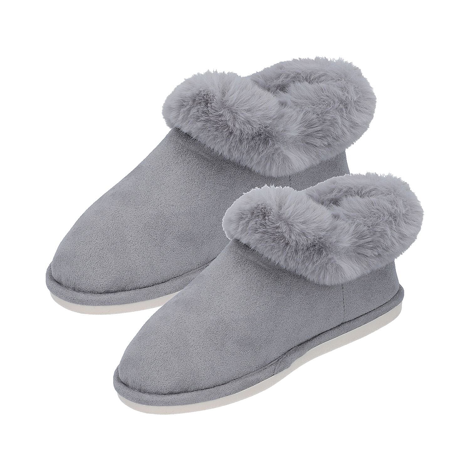 Faux Fur Slipper with Waterproof TPR Proctection (Size S, 3-4) - Grey