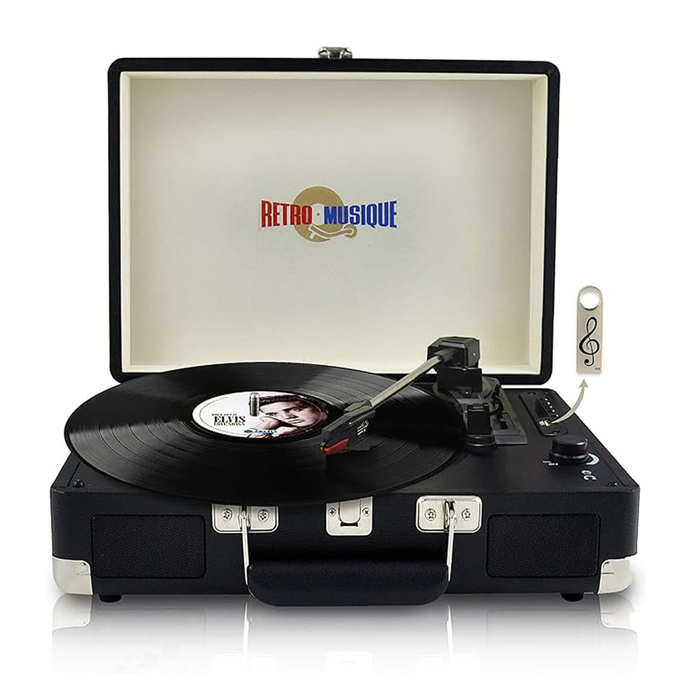 Retro Musique Bluetooth Suitcase Style Record Player With FM Radio LED Display Panel, Built-in Speakers - USB-TF Card Reader includes 1 x 4GB USB - Black