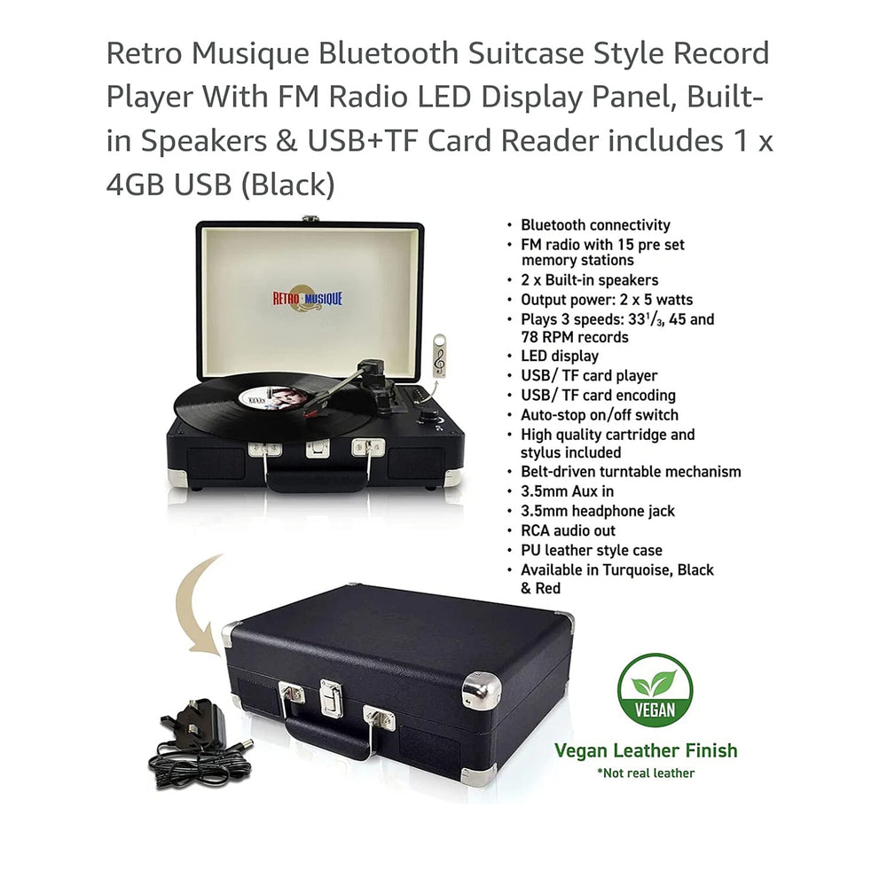 Retro Musique Bluetooth Suitcase Style Record Player With FM Radio LED Display Panel, Built-in Speakers - USB-TF Card Reader includes 1 x 4GB USB - Black