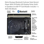 Retro Musique Bluetooth Suitcase Style Record Player With FM Radio LED Display Panel, Built-in Speakers - USB-TF Card Reader includes 1 x 4GB USB - Black