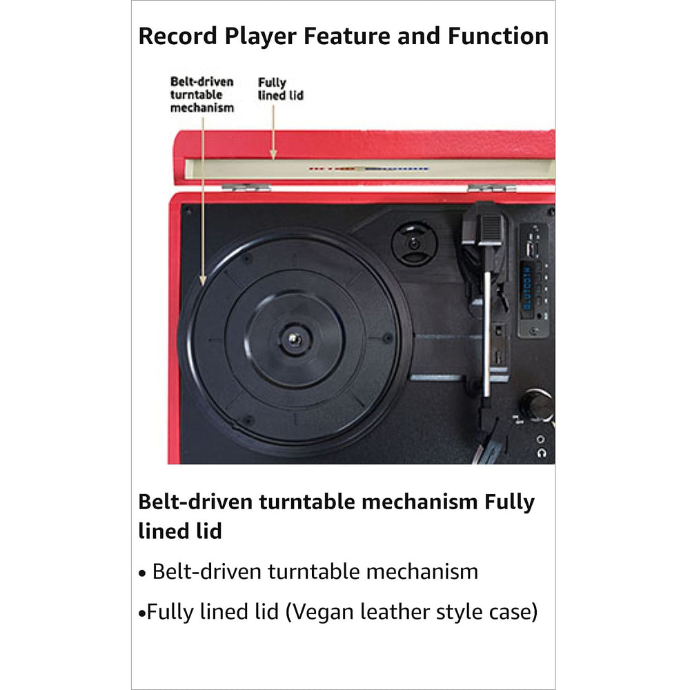 Retro Musique Bluetooth Suitcase Style Record Player With FM Radio LED Display Panel, Built-in Speakers - USB-TF Card Reader includes 1 x 4GB USB - Black