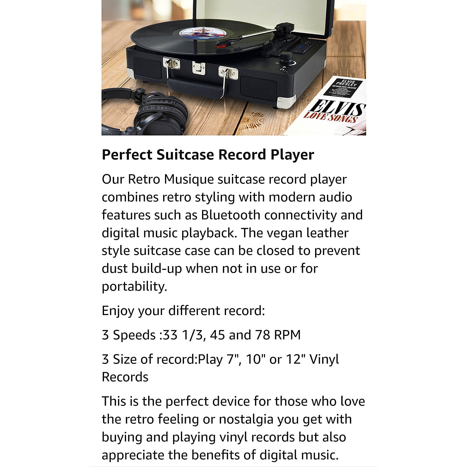 Retro Musique Bluetooth Suitcase Style Record Player With FM Radio LED Display Panel, Built-in Speakers - USB-TF Card Reader includes 1 x 4GB USB - Black