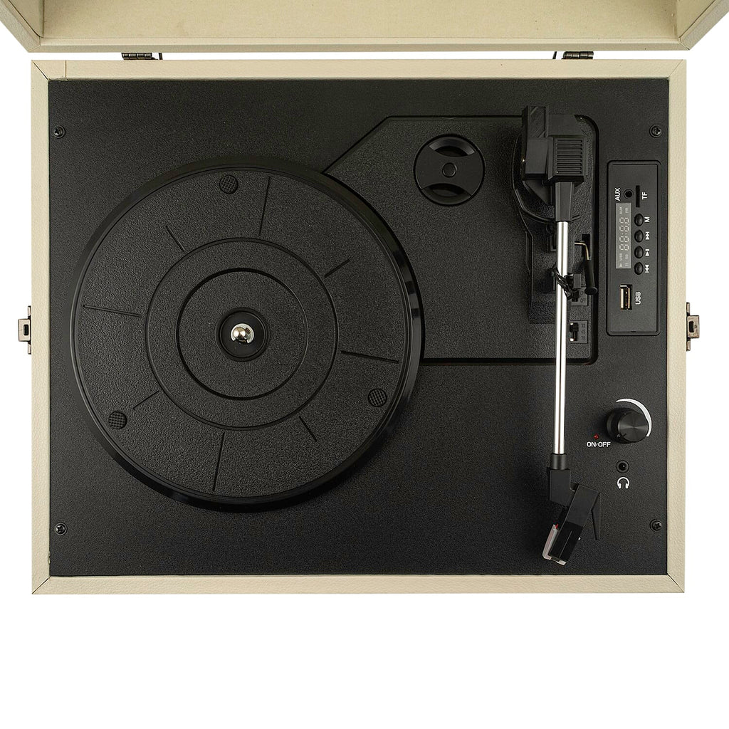 Retro Musique Bluetooth Suitcase Style Record Player With FM Radio LED Display Panel, Built-in Speakers - USB-TF Card Reader includes 1 x 4GB USB - Cream