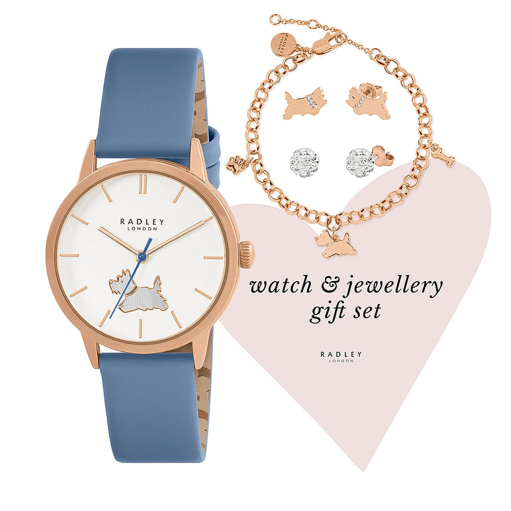 Ladies Radley Watch Set with Charm Bracelet, Scottie Dog and Crystal Earring Studs With Push Back - Blue