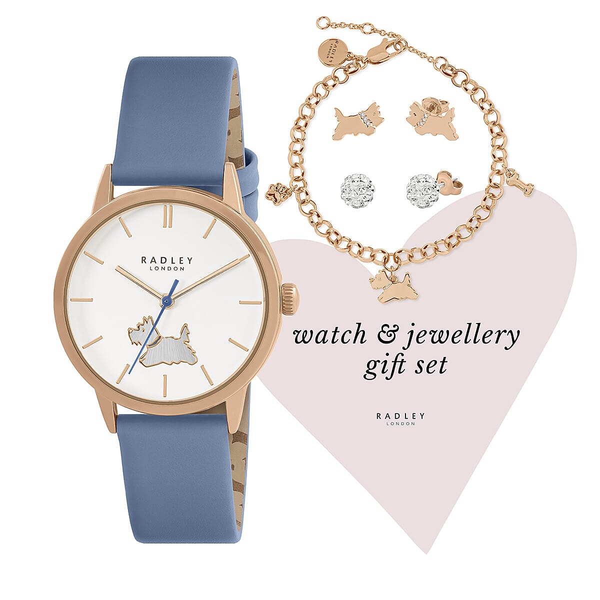 Ladies Radley Watch Set with Charm Bracelet, Scottie Dog and Crystal Earring Studs With Push Back - Blue