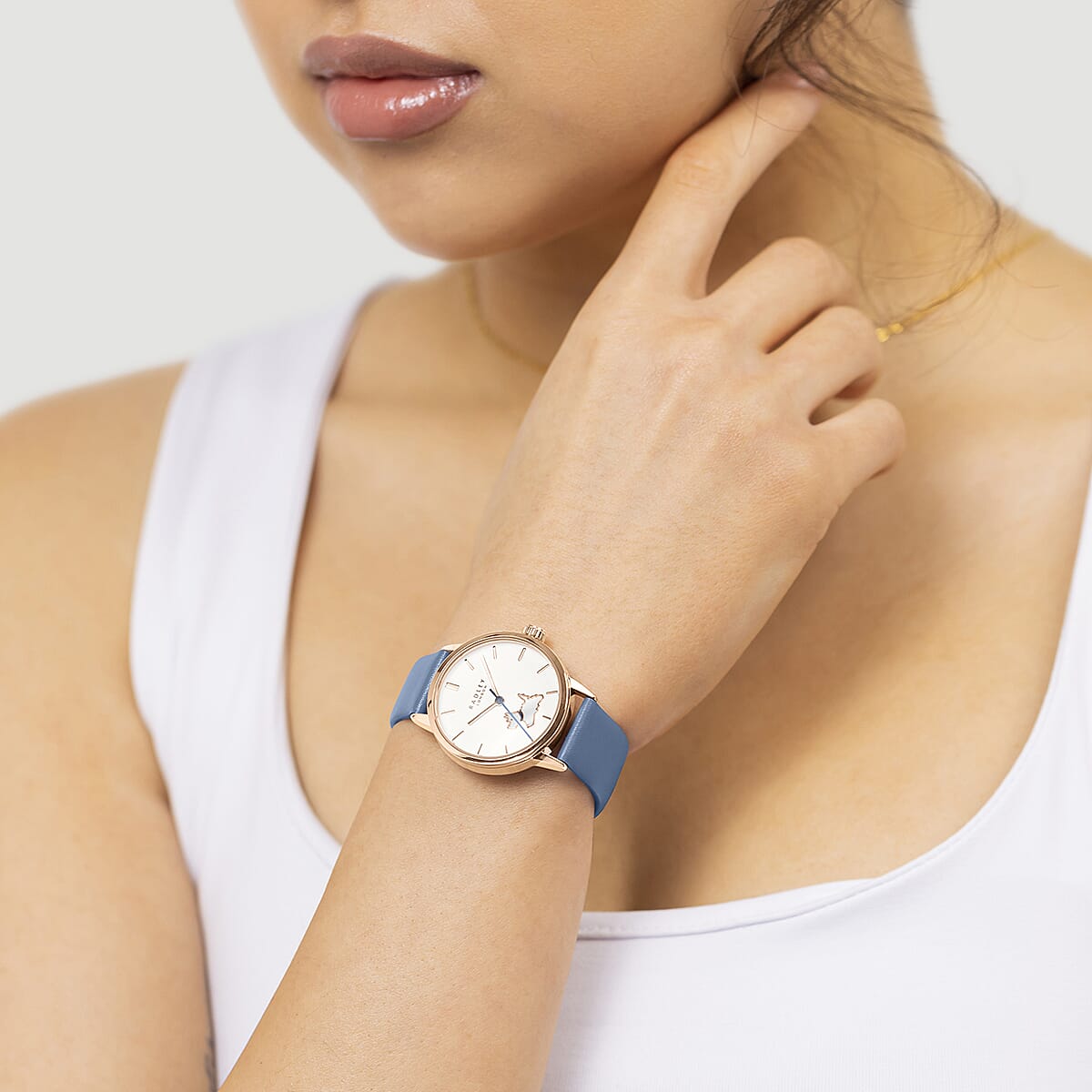 Ladies Radley Watch Set with Charm Bracelet, Scottie Dog and Crystal Earring Studs With Push Back - Blue