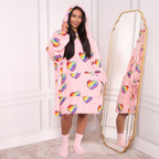 Rainbow Heart Pattern Hoodie Blanket (One Size) - Pink