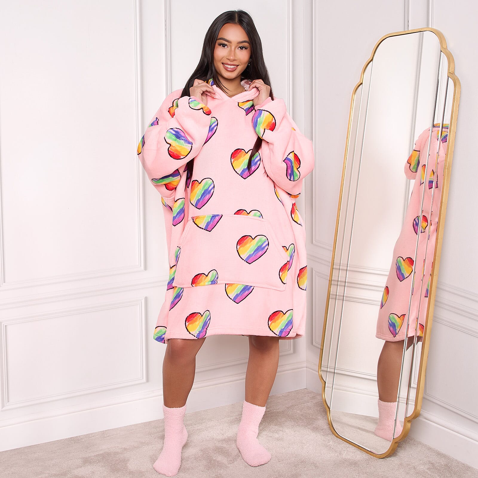 Rainbow Heart Pattern Hoodie Blanket (One Size) - Pink