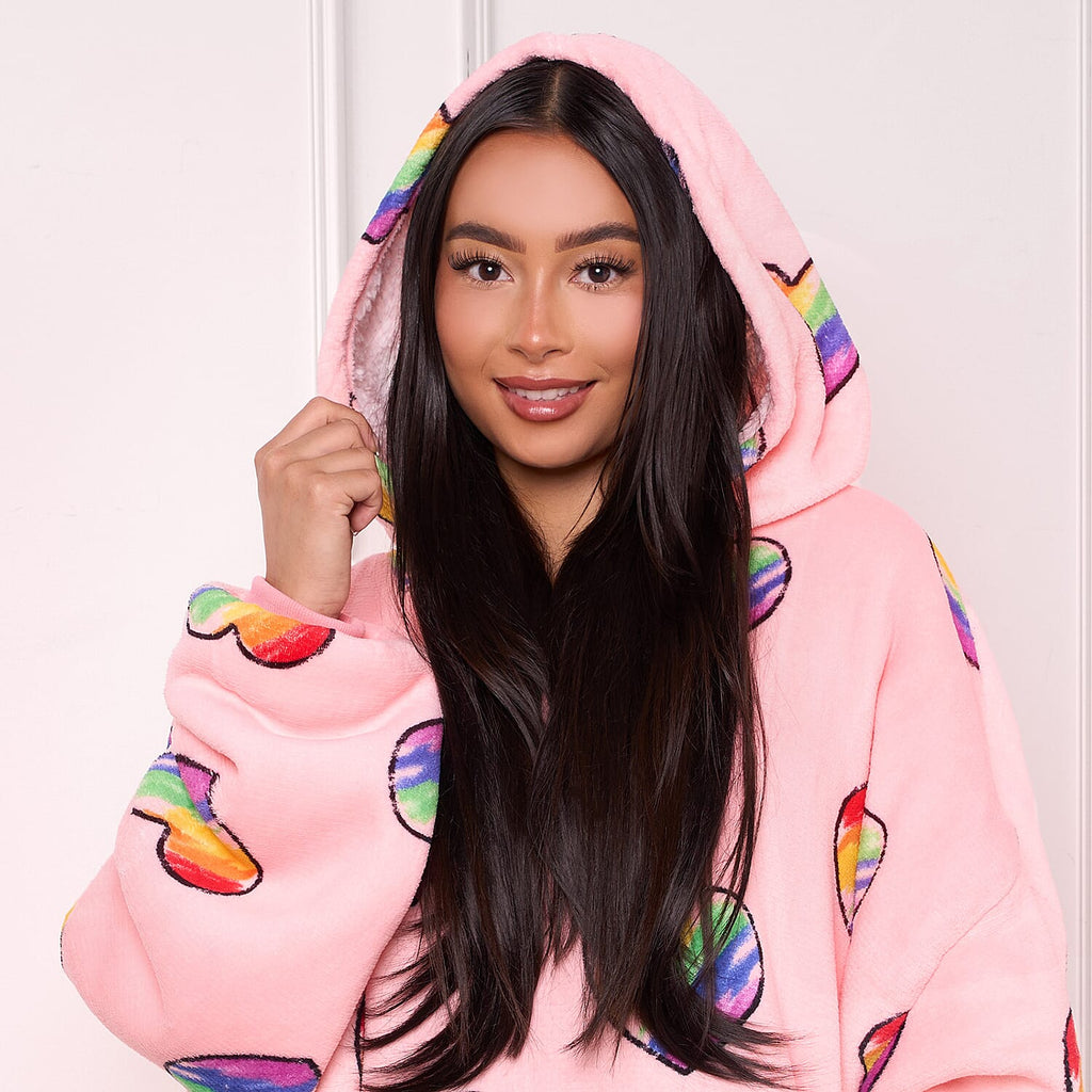 Rainbow Heart Pattern Hoodie Blanket (One Size) - Pink