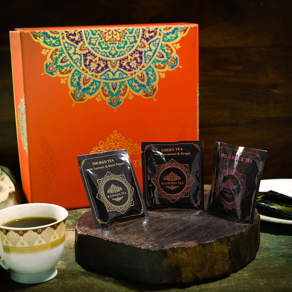 Hand Crafted Rajwada Tea Gift Box - 3 x 15 (2g- Tea Bag) - 45 Tea Bags 1) Wild Smoked Tea with Turmeric & Black Pepper 2) Wild Green Tea with Cinnamon & Ginger 3) Wild Black Tea