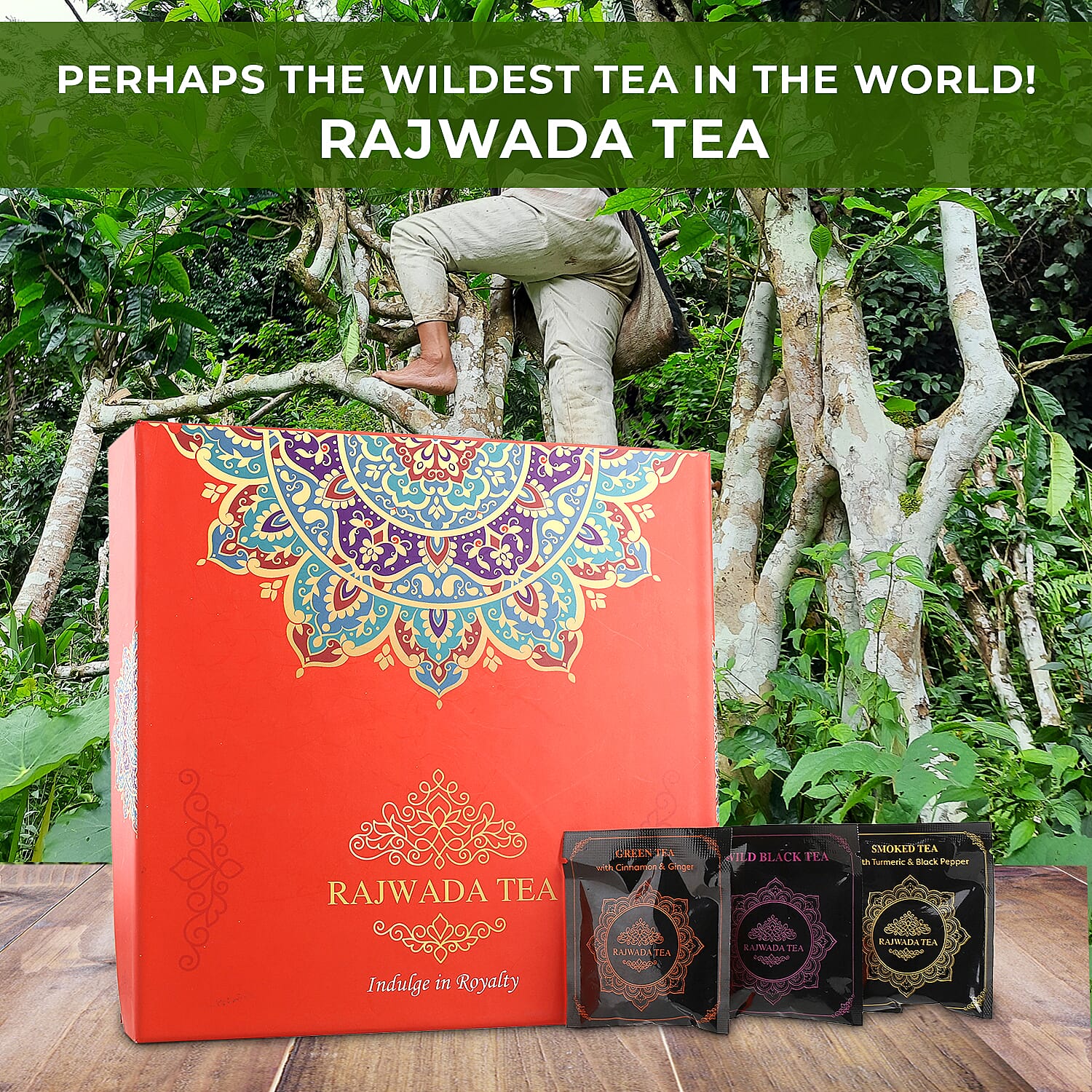 Hand Crafted Rajwada Tea Gift Box - 3 x 15 (2g- Tea Bag) - 45 Tea Bags 1) Wild Smoked Tea with Turmeric & Black Pepper 2) Wild Green Tea with Cinnamon & Ginger 3) Wild Black Tea