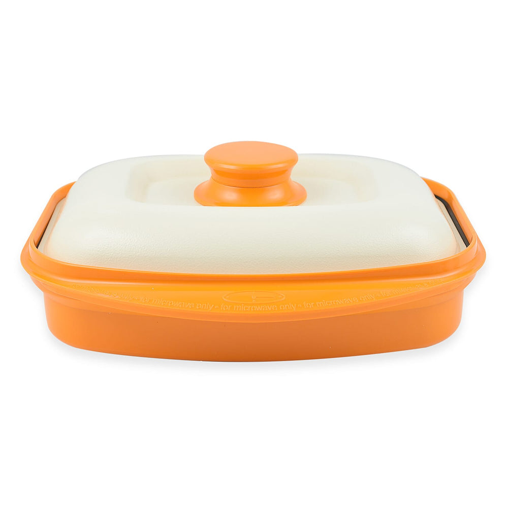 Rangemate Long Grill Multipurpose Microwave Pan - Quick, Healthy Grill, Steam, Brown, Sizzle, Stir Fry (Size 25x18x5 cm) - Orange - White