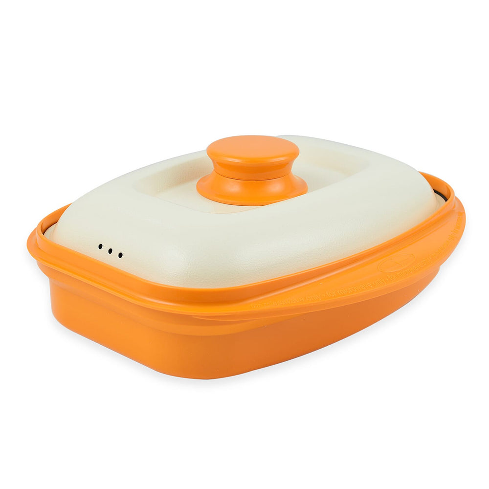 Rangemate Long Grill Multipurpose Microwave Pan - Quick, Healthy Grill, Steam, Brown, Sizzle, Stir Fry (Size 25x18x5 cm) - Orange - White