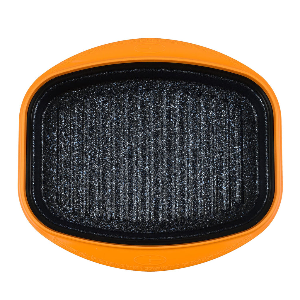 Rangemate Long Grill Multipurpose Microwave Pan - Quick, Healthy Grill, Steam, Brown, Sizzle, Stir Fry (Size 25x18x5 cm) - Orange - White