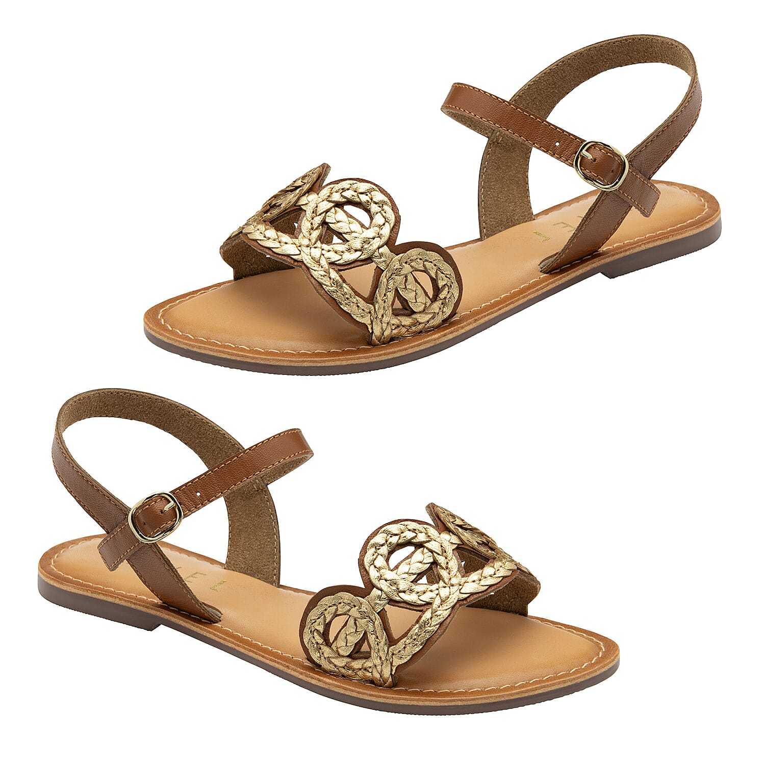 Ravel Ladies Ankle Strap Flat Sandal with Gold Detail (Size 3) - Tan