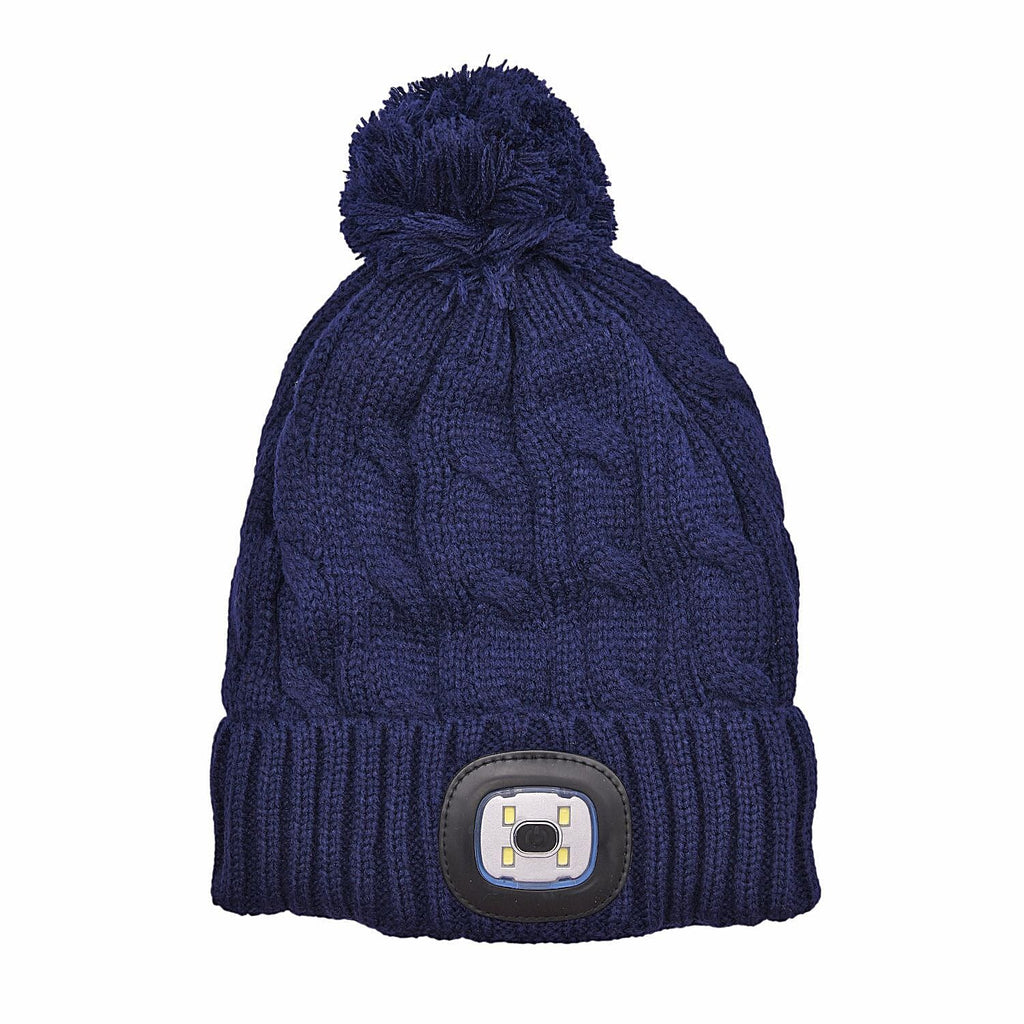 USB Rechargeable Waterproof LED Lighted Beanie Cap with Sherpa Lining and Faux Fur Baubble (Size 26x20 Cm) - Navy