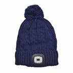USB Rechargeable Waterproof LED Lighted Beanie Cap with Sherpa Lining and Faux Fur Baubble (Size 26x20 Cm) - Navy