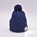 USB Rechargeable Waterproof LED Lighted Beanie Cap with Sherpa Lining and Faux Fur Baubble (Size 26x20 Cm) - Navy