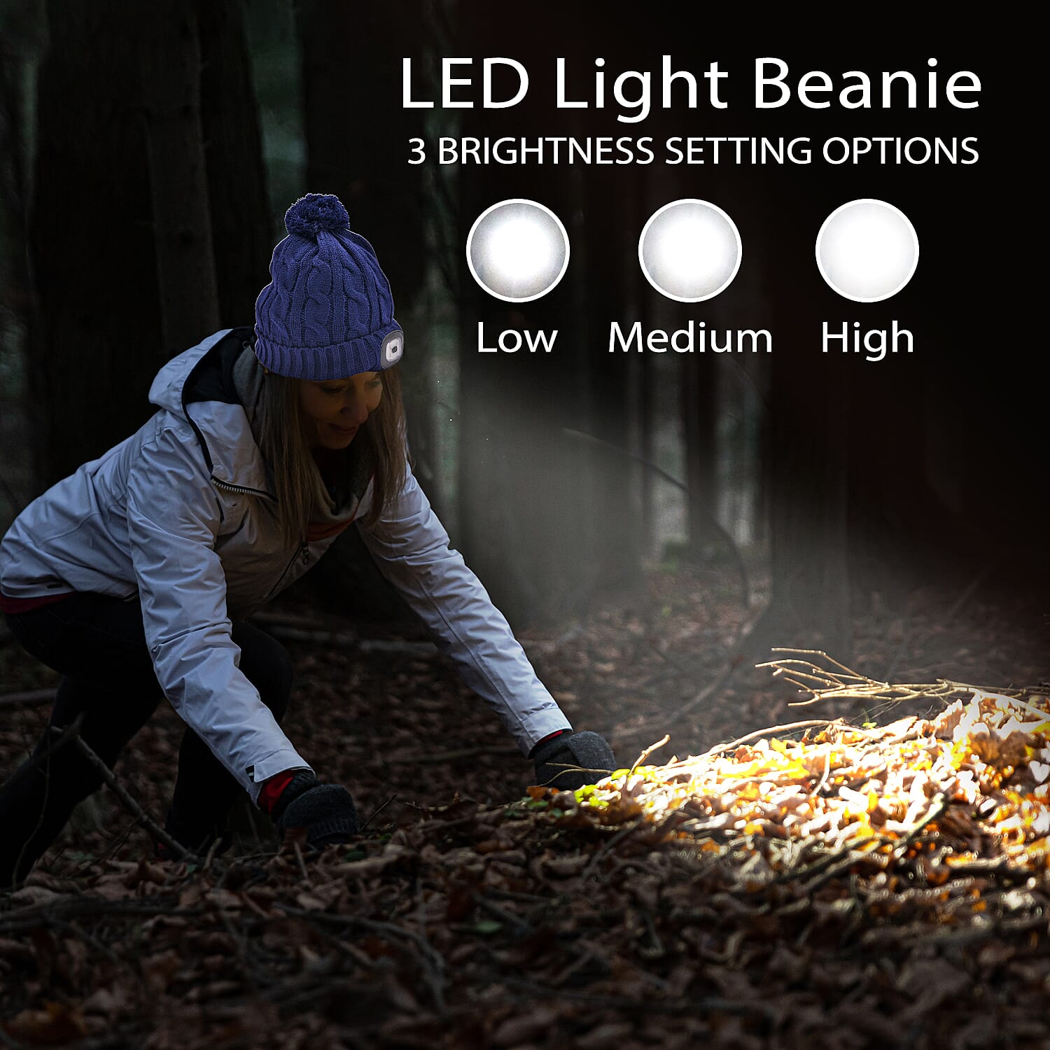 USB Rechargeable Waterproof LED Lighted Beanie Cap with Sherpa Lining and Faux Fur Baubble (Size 26x20 Cm) - Navy