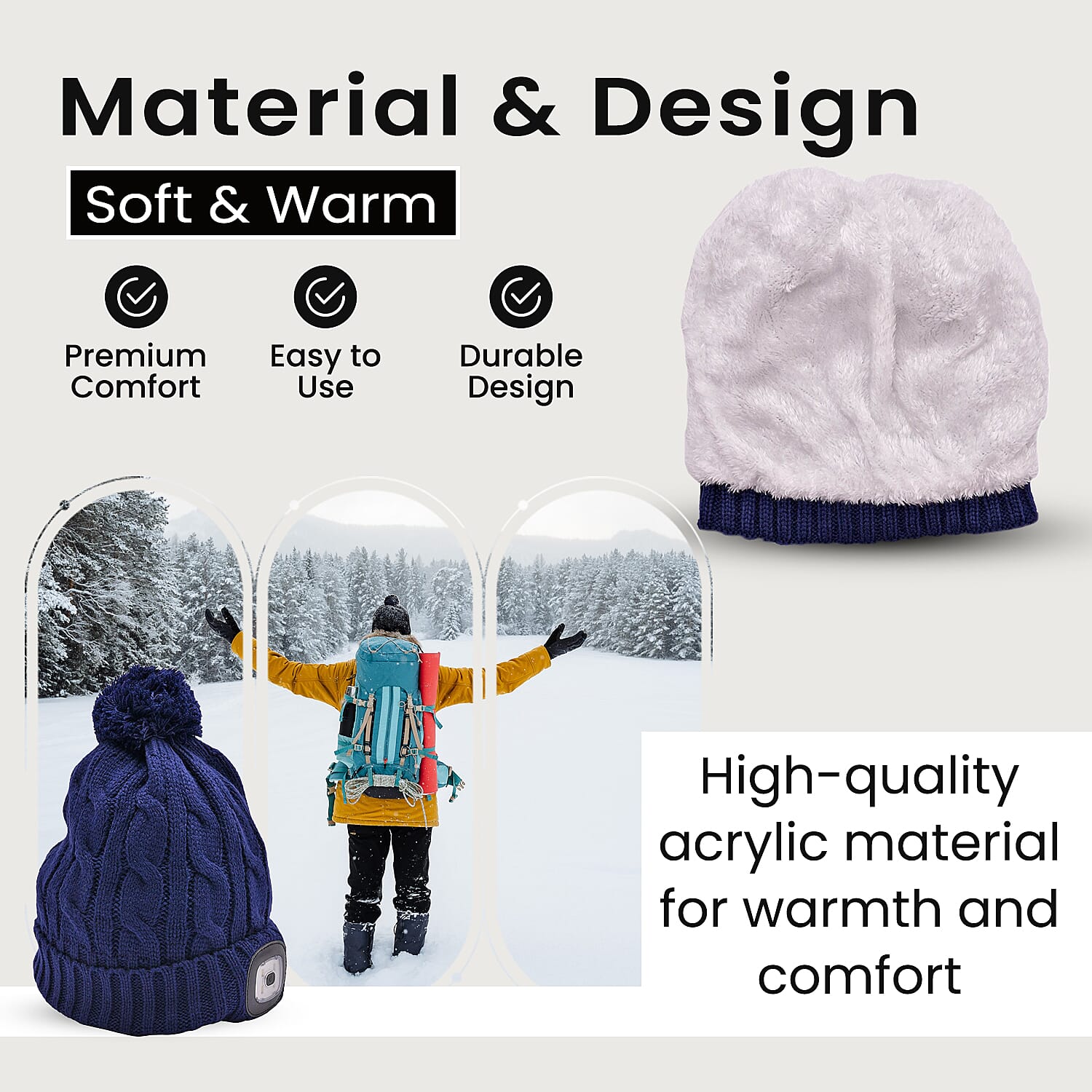 USB Rechargeable Waterproof LED Lighted Beanie Cap with Sherpa Lining and Faux Fur Baubble (Size 26x20 Cm) - Navy