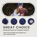 USB Rechargeable Waterproof LED Lighted Beanie Cap with Sherpa Lining and Faux Fur Baubble (Size 26x20 Cm) - Navy