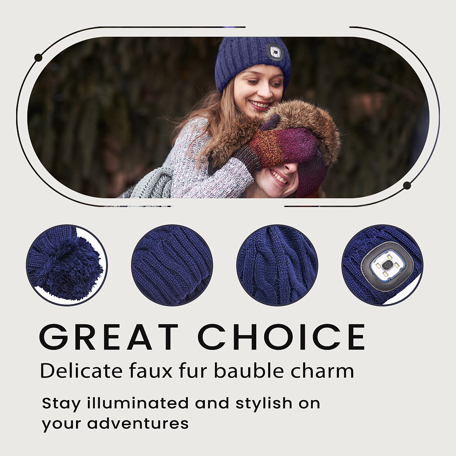 USB Rechargeable Waterproof LED Lighted Beanie Cap with Sherpa Lining and Faux Fur Baubble (Size 26x20 Cm) - Navy