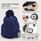 USB Rechargeable Waterproof LED Lighted Beanie Cap with Sherpa Lining and Faux Fur Baubble (Size 26x20 Cm) - Navy