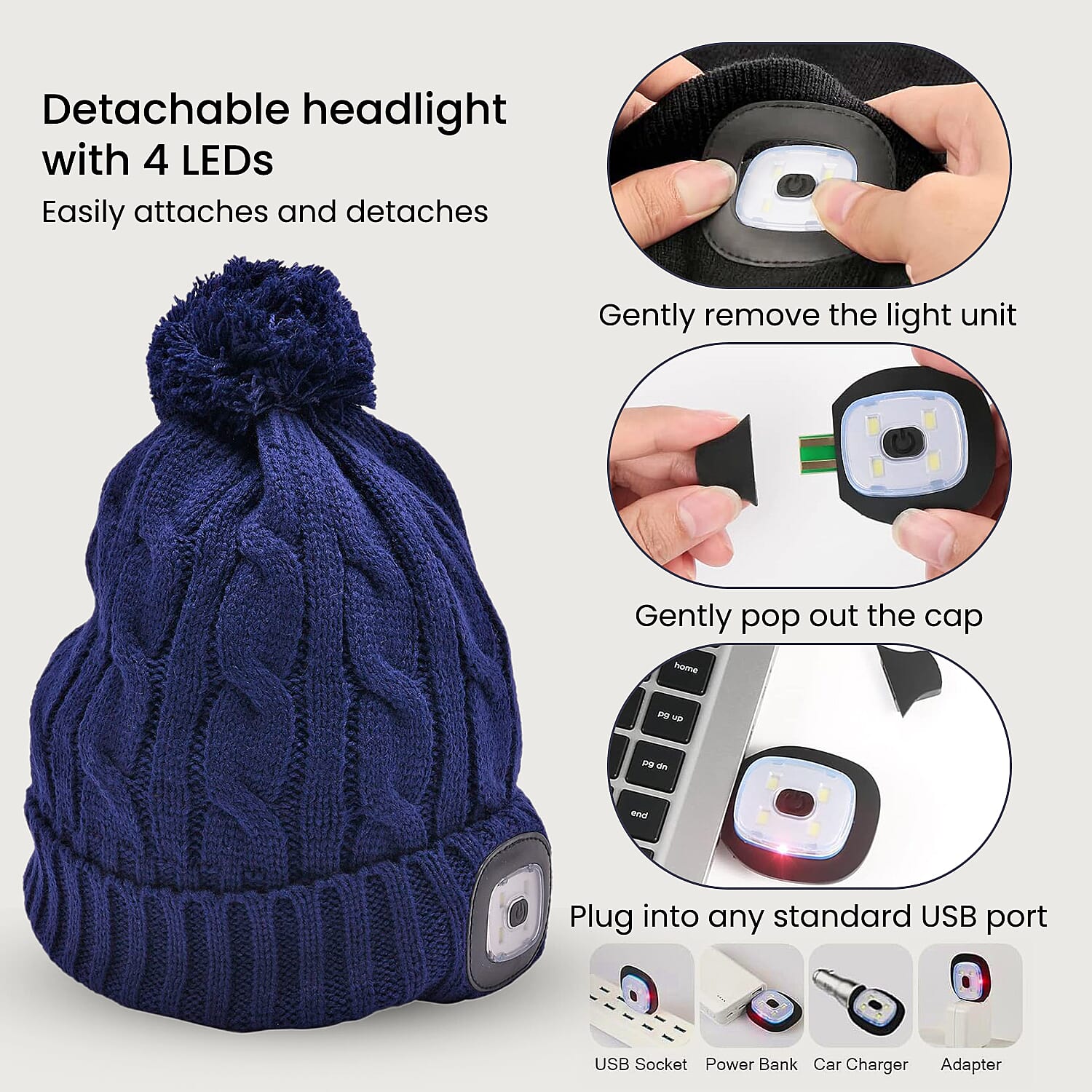 USB Rechargeable Waterproof LED Lighted Beanie Cap with Sherpa Lining and Faux Fur Baubble (Size 26x20 Cm) - Navy