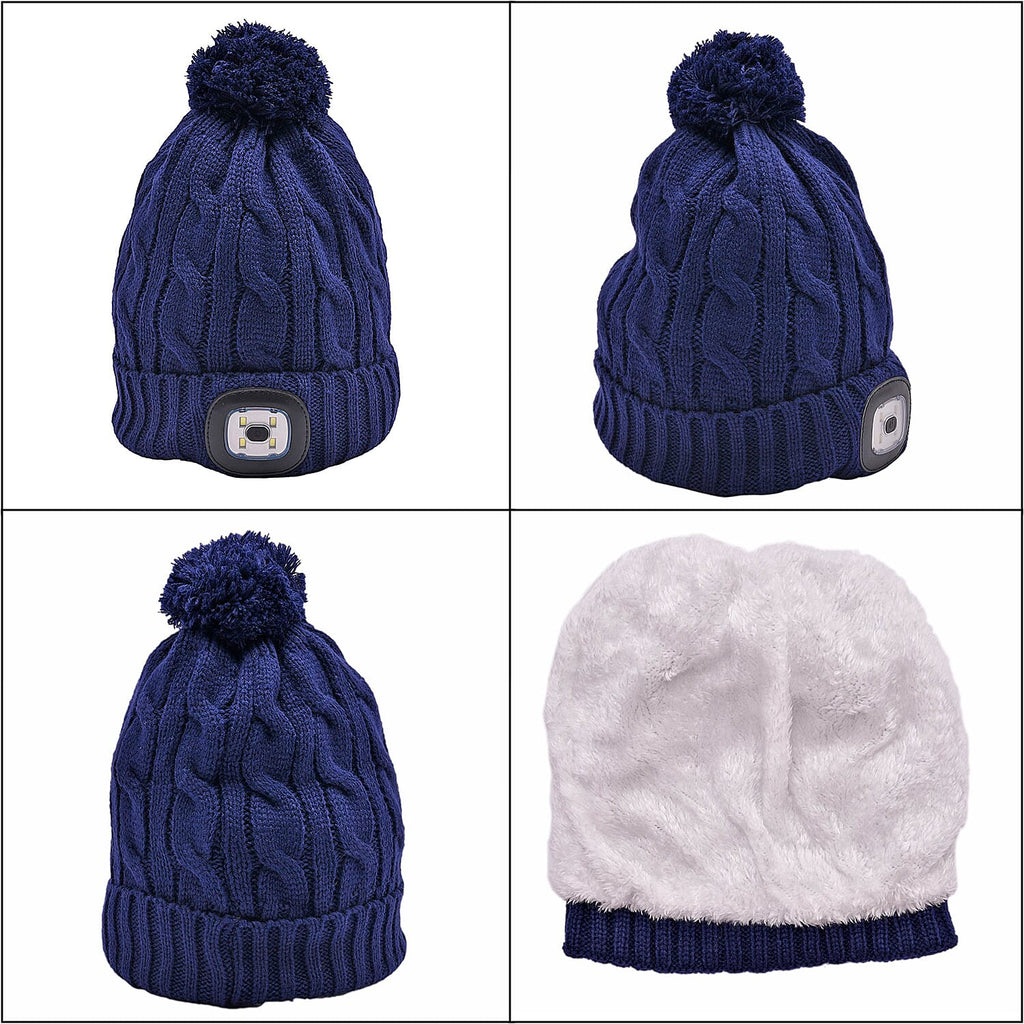 USB Rechargeable Waterproof LED Lighted Beanie Cap with Sherpa Lining and Faux Fur Baubble (Size 26x20 Cm) - Navy