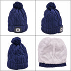 USB Rechargeable Waterproof LED Lighted Beanie Cap with Sherpa Lining and Faux Fur Baubble (Size 26x20 Cm) - Navy