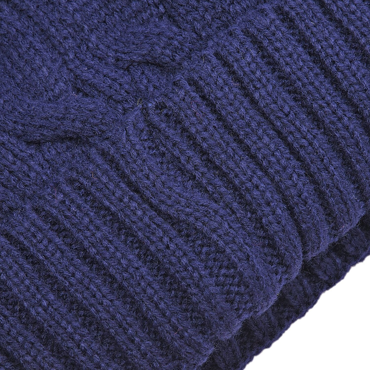 USB Rechargeable Waterproof LED Lighted Beanie Cap with Sherpa Lining and Faux Fur Baubble (Size 26x20 Cm) - Navy