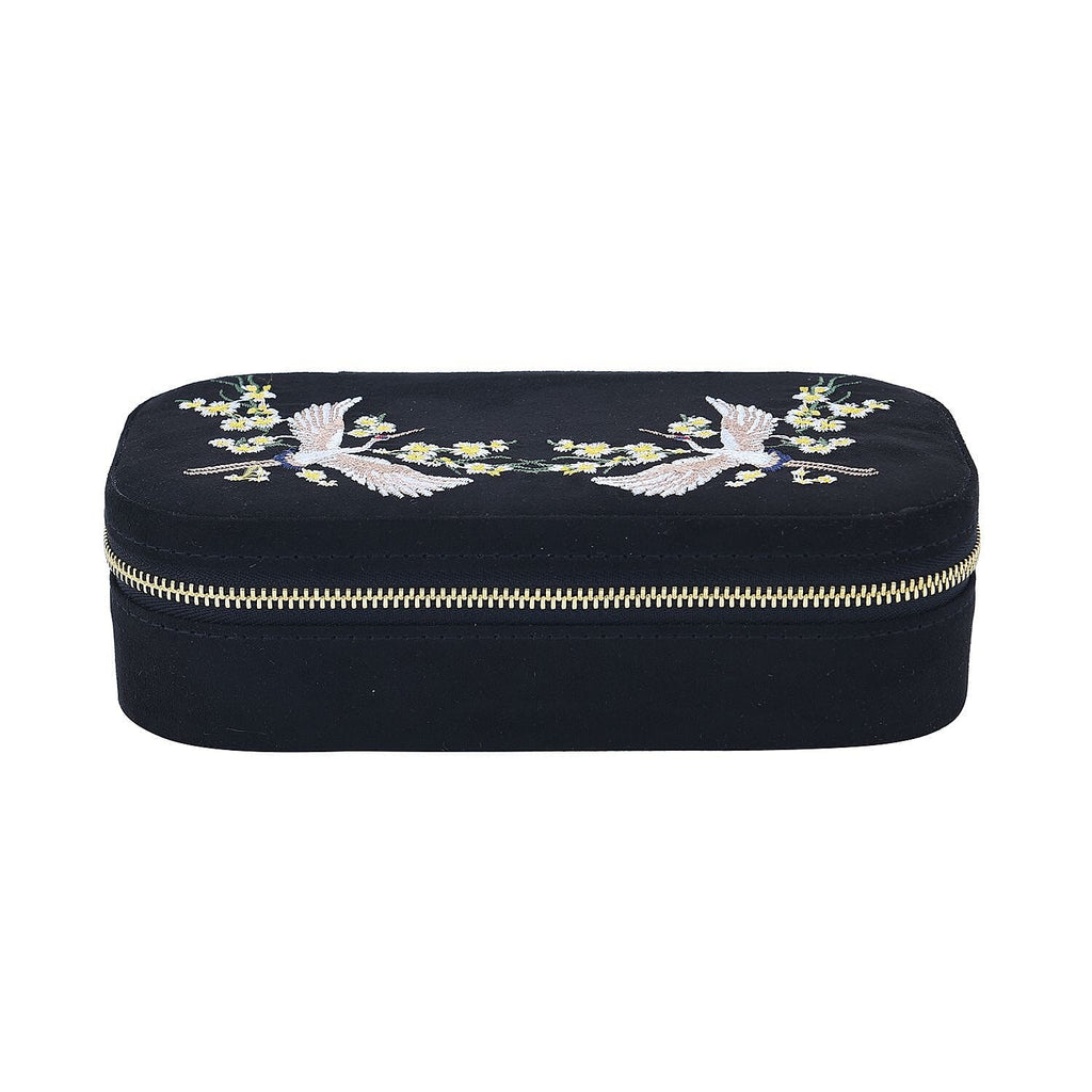 Rectangle Embroidered Jewellery Box with Zip (Size 18x10x5 cm) - Black