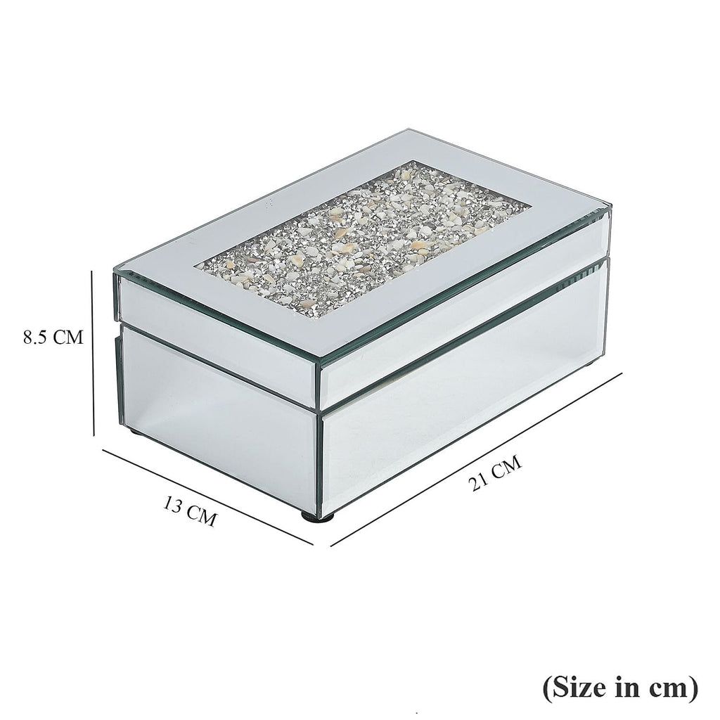 Mirrored Luxury Storage Box With Soft Velvet Inner Lining (Size 21x13x8 cm) - Silver & Cream