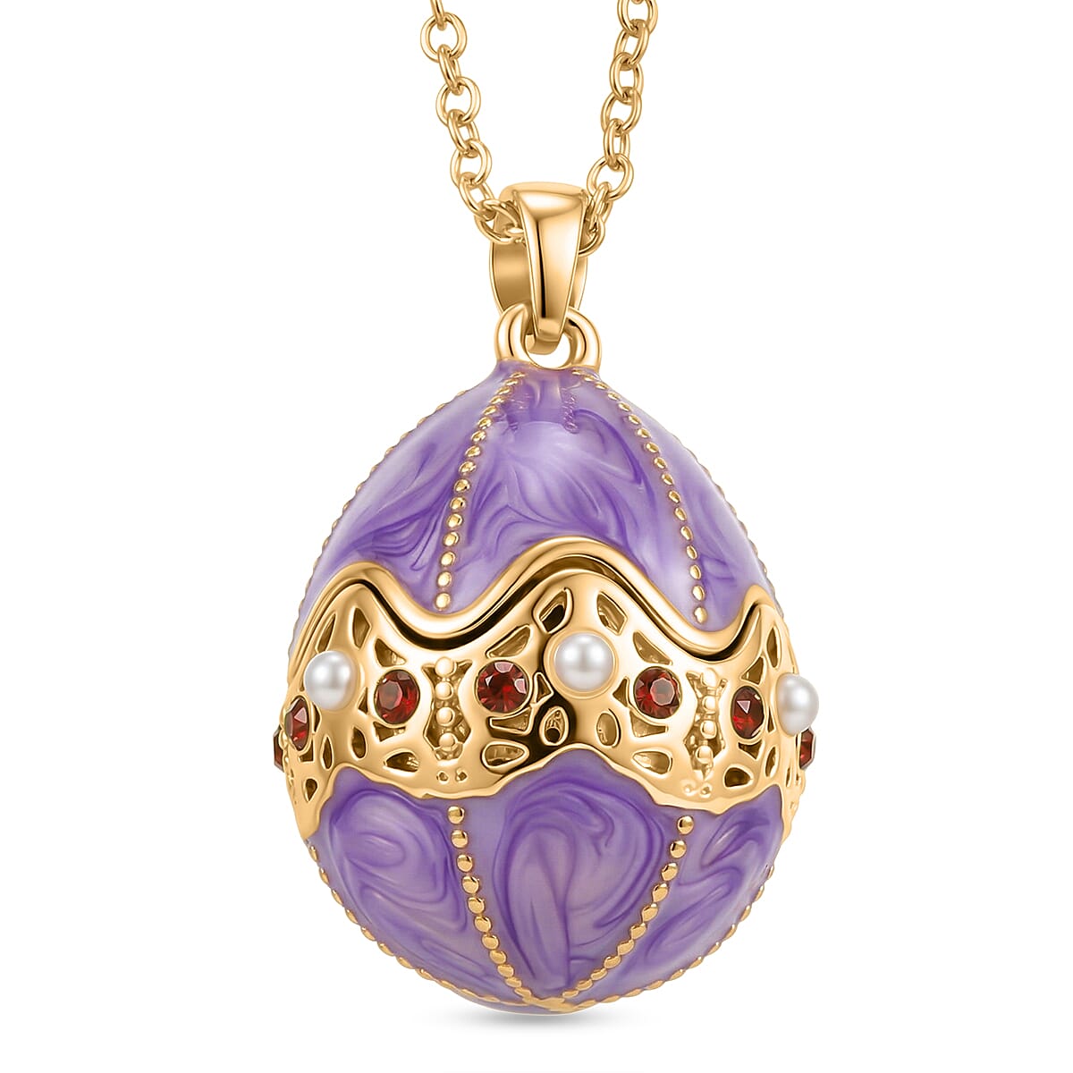 The Luxury Egg Collection - Red Crystal & Multi Colour Enamelled Egg Pendant with Chain (Size 24-2 Ext) - Purple