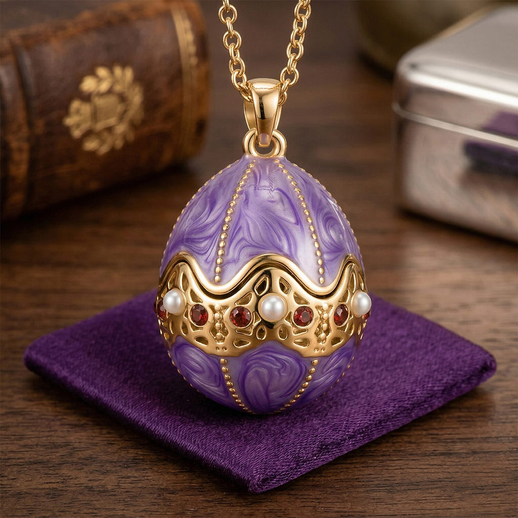 The Luxury Egg Collection - Red Crystal & Multi Colour Enamelled Egg Pendant with Chain (Size 24-2 Ext) - Purple