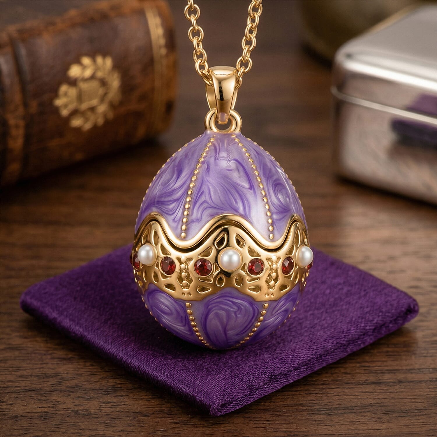 The Luxury Egg Collection - Red Crystal & Multi Colour Enamelled Egg Pendant with Chain (Size 24-2 Ext) - Purple