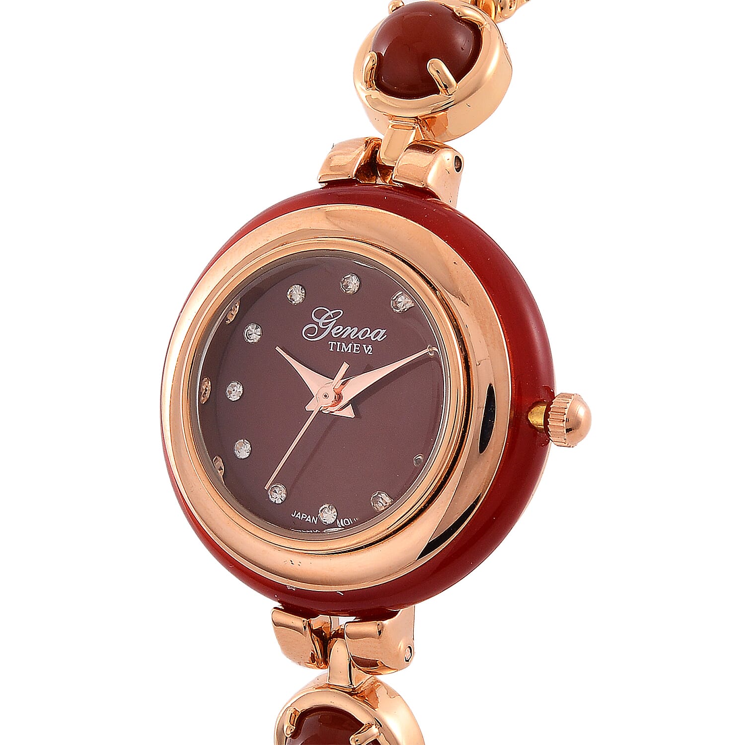 ONE TIME DEAL - GENOA TIME V2 Japanese Movt. Red Jade, Resin & Austrian White Crystal Bracelet Watch